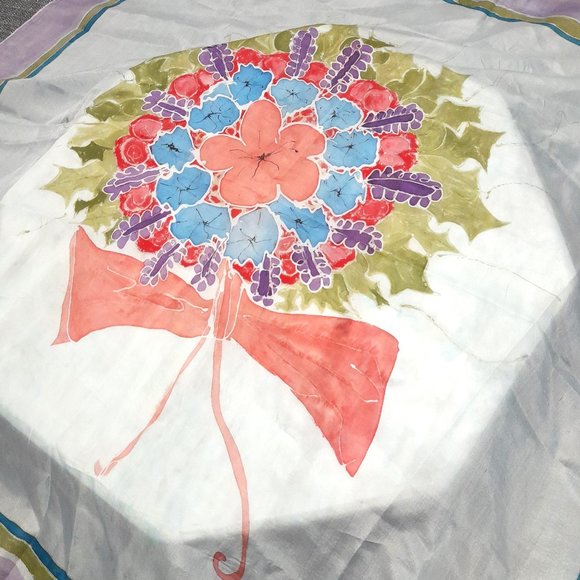 Hand Painted Silk 30" x 30" Scarf Flower Bouquet Design - Picture 3 of 10